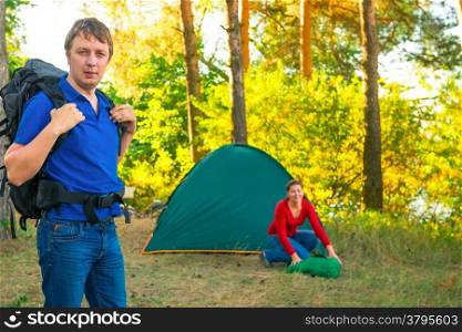 morning business couple on vacation in camping