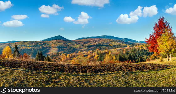 Morning Carpathian mountains and village hamlets on slopes.