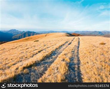 Morning Carpathian Mountains (Ukraine) autumn landscape with country road.