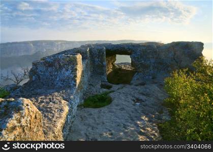 Morning cloudy view from top of Mangup Kale - historic fortress and ancient cave settlement in Crimea (Ukraine)