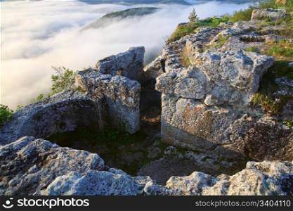 Morning cloudy view from top of Mangup Kale - historic fortress and ancient cave settlement in Crimea (Ukraine)