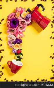 Morning coffee concept. Coffee maker, coffee cup and flowers on yellow background. Flat lay
