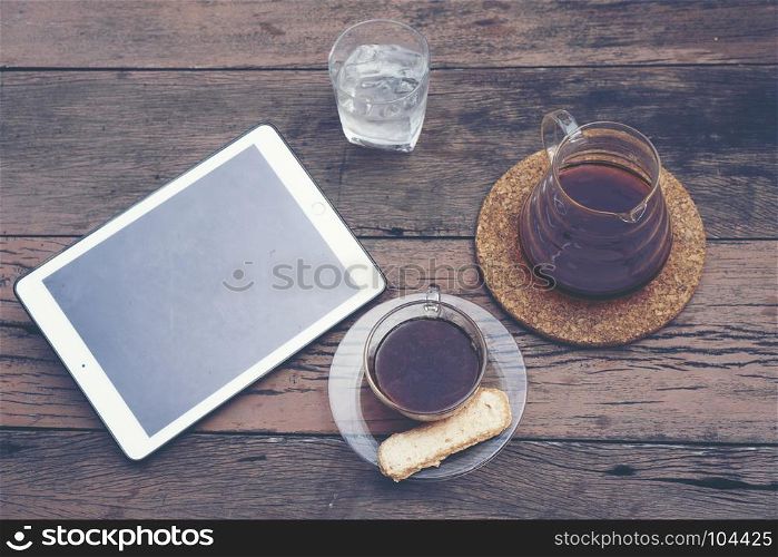 morning coffee drip with tablet for business work