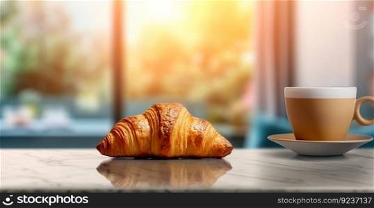 Morning coffee with croissant. Illustration Generative AI
