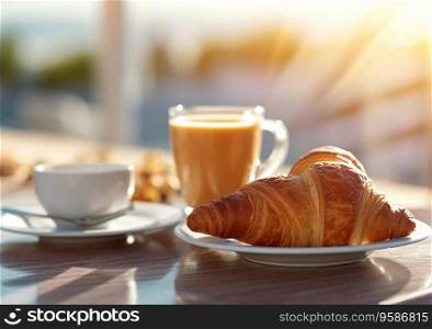 Morning coffee with fresh crispy croissant in summer cafe.Ai Generative