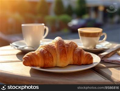 Morning coffee with fresh crispy croissant in summer cafe.Ai Generative