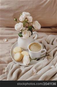morning coffee with macarons flowers
