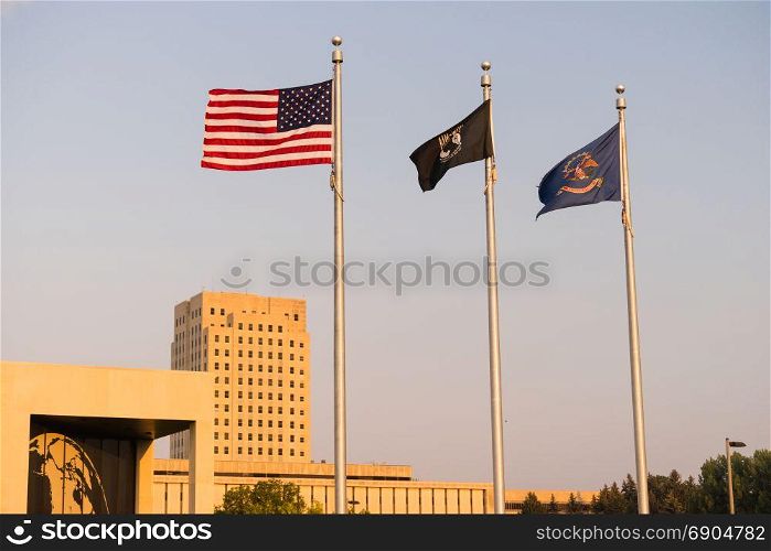 Morning comes with wind to the State Capital grounds at Bismarck, North Dakota
