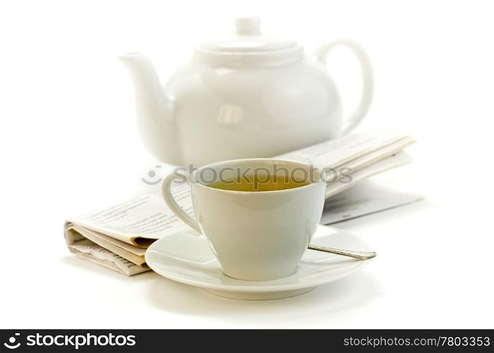 morning cup of tea, teapot and press on white