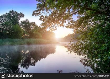 Morning fog on a calm river, Seversky Donets river, Ukraine. Morning fog on calm river