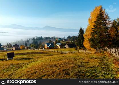 Morning fog on the slopes of the Carpathian Mountains (Yablunytsia village, Ivano-Frankivsk oblast, Ukraine). Autumn rural landscape.