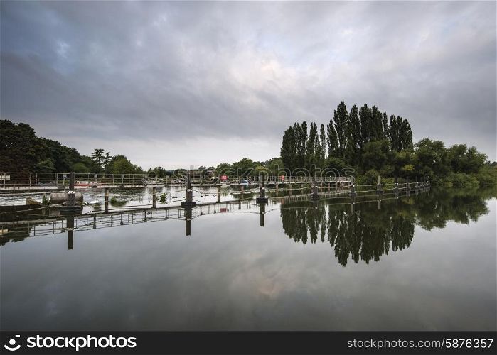 Morning landscape Chertsey Lock and weir over River Thames in London