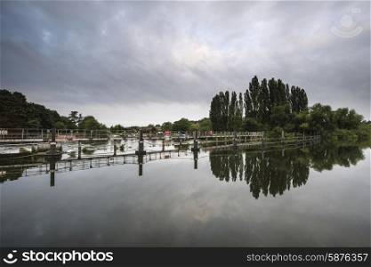 Morning landscape Chertsey Lock and weir over River Thames in London