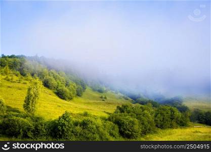 morning landscape with fog Carpathian Mountains in Ukraine.. Carpathian nature in summer