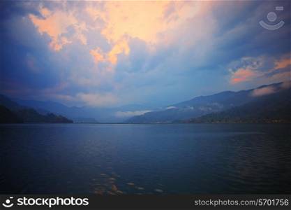 Morning landscape with lake and mountains. Pokhara, Nepal