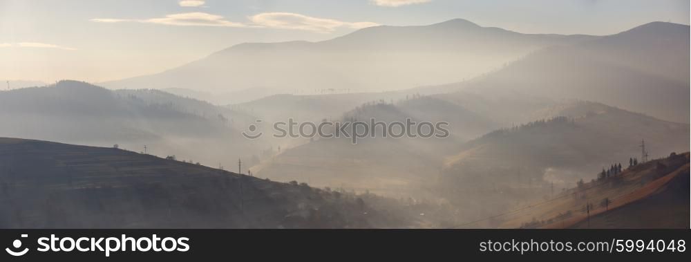 Morning light in mountains. Sunlight in mountains. Carpathians, Ukraine.