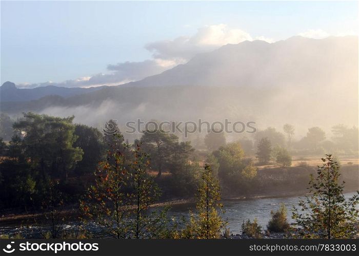 Morning mist and river in Koprulu canyon in Turkey