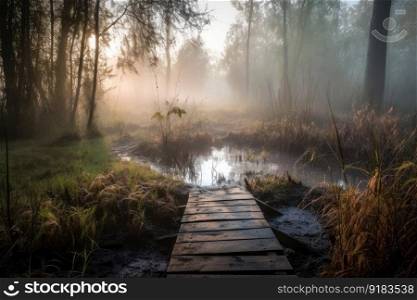 morning mist over duckboards path in forest, created with generative ai. morning mist over duckboards path in forest