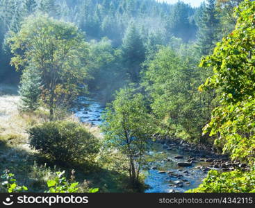 Morning misty autumn landscape with mountain river .