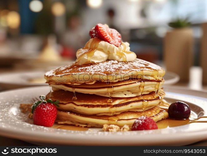 Morning pancakes with raspberries and whipped cream.AI Generative