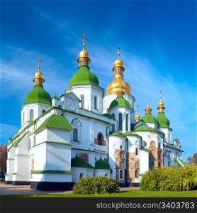 Morning Saint Sophia Cathedral church building view. Kiev-City centre, Ukraine. Three shots composite picture.