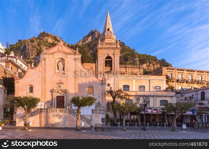 Morning square Piazza IX Aprile with San Giuseppe church, Taormina, Sicily, Italy. Piazza IX Aprile, Taormina, Sicily, Italy
