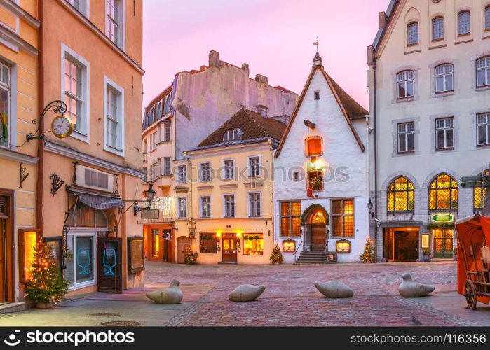 Morning street in the Old Town, Tallinn, Estonia. Morning decorated and illuminated Christmas street in Old Town of Tallinn at sunrise, Estonia