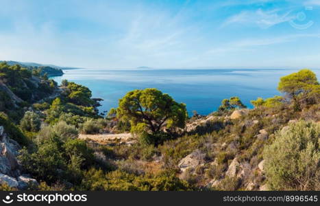 Morning summer Aegean Sea coastline (Nikiti, Sithonia, Halkidiki, Greece). 