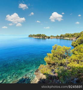 Morning summer Aegean Sea with pine trees on shore and small beaches, Sithonia (near Ag. Kiriaki), Halkidiki, Greece.