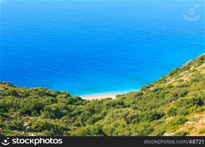 Morning summer Ionian sea coast top view with beach, Albania