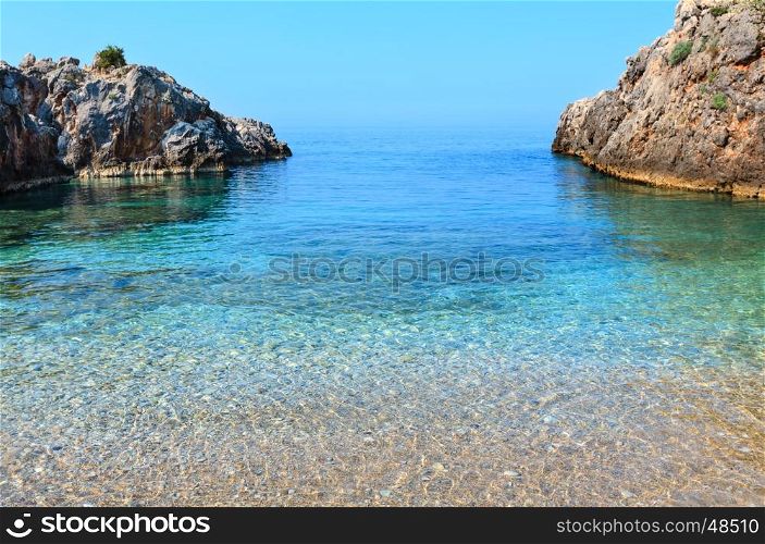 Morning summer Ionian sea coast view with clear transparent water, Albania.