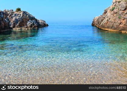 Morning summer Ionian sea coast view with clear transparent water, Albania.