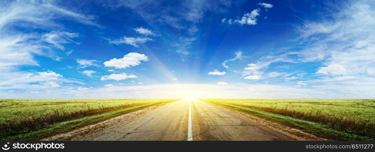 Morning summer road panorama. Morning summer road panorama. Natural background outdoor scene. Morning summer road panorama