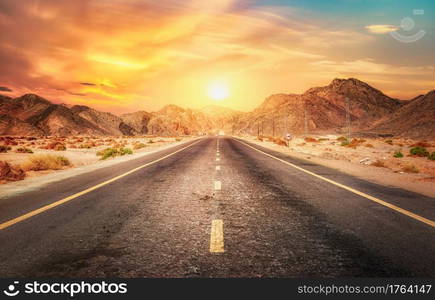 Morning sun over road in desert of Egypt