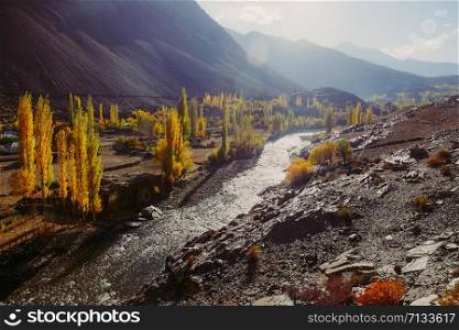 Morning sunlight shining on Gupis valley. Beautiful landscape view of colorful trees in autumn season with shiny Gilgit river against Hindu Kush mountain range. Gilgit Baltistan, Pakistan.