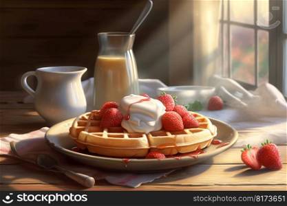 Morning sunrise breakfast waffles. Tasty meal. Generate Ai. Morning sunrise breakfast waffles. Generate Ai