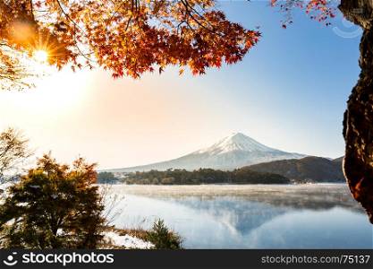 Morning Sunrise Mt. Fuji in autumn at Kawaguchiko or lake Kawaguchi in Fujikawaguchiko Japan