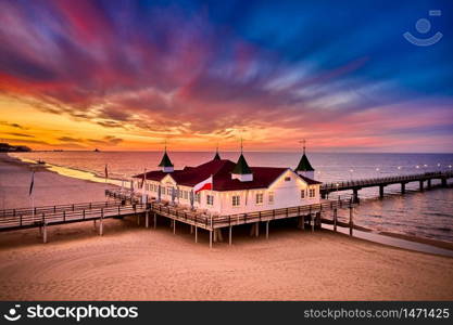 morning time at baltic sea beach and sight Ahlbeck pier in sunrise