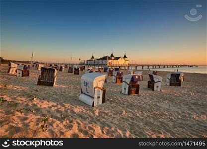 morning time at baltic sea beach and sight Ahlbeck pier in sunrise