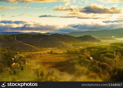 Morning view, fog over valley, Aguilar de C&oo, province of Palencia, Castile and Leon community, northern Spain.. Aguilar de C&oo in Spain.