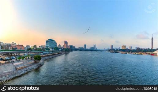 Morning view on the Nile in the downtown of Cairo, Egypt.. Morning view on the Nile in the downtown of Cairo, Egypt