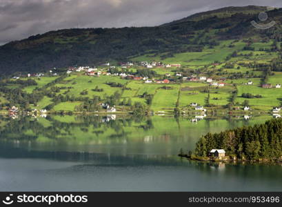 Morning view over lake Hafslovatnet in the Luster municipality in the Norwegian Sognefjord region. View over lake Hafslovatnet