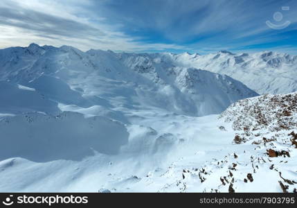 Morning winter Dolomiten mountain landscape. Ski resort Obergurgl - Hochgurgl, Tirol, Austria.