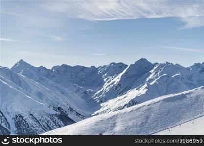 Morning winter landscape, mountain peak ski resort. . Mountain Peak Landscape