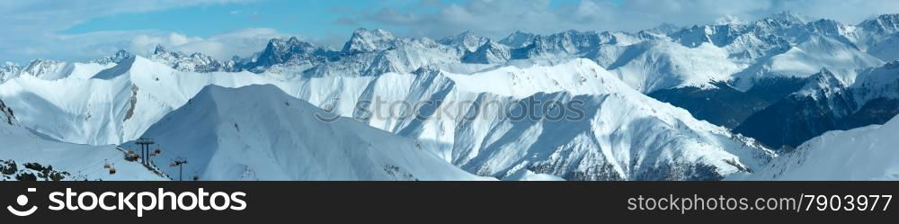 Morning winter Silvretta Alps landscape. Ski resort Silvrettaseilbahn AG Ischgl, Tirol, Austria. Panorama. All people are unrecognizable.