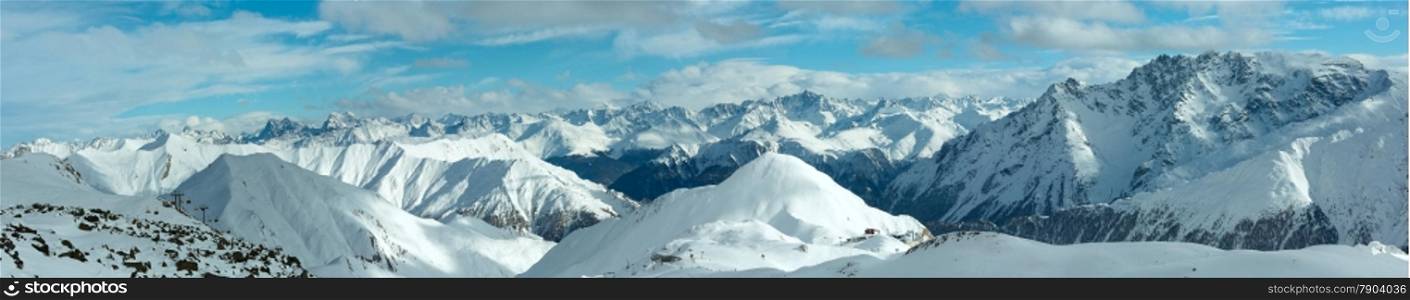 Morning winter Silvretta Alps landscape. Ski resort Silvrettaseilbahn AG Ischgl, Tirol, Austria. Panorama. All people are unrecognizable.