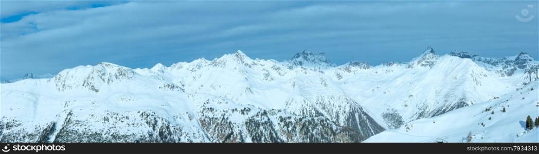 Morning winter Silvretta Alps landscape. Ski resort Silvrettaseilbahn AG Ischgl, Tirol, Austria. Panorama.