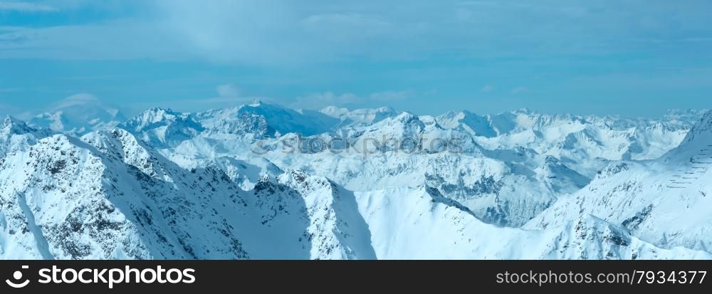 Morning winter Silvretta Alps landscape. Ski resort Silvrettaseilbahn AG Ischgl, Tirol, Austria. Panorama.