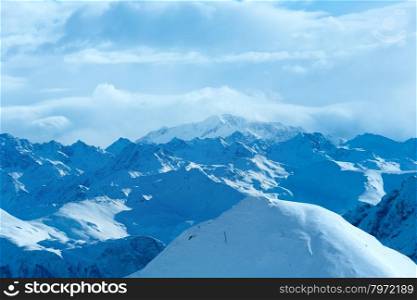 Morning winter Silvretta Alps landscape. Ski resort Silvrettaseilbahn AG Ischgl, Tyrol, Austria.