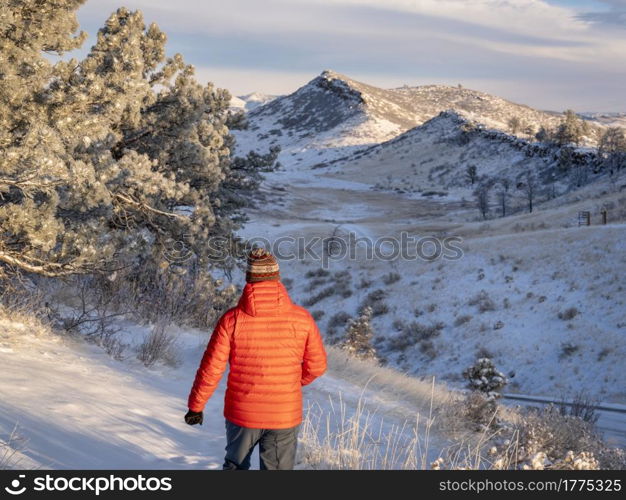 morning winter walk at Colorado foothills of Rocky Mountains along Horsetooth Reservoir